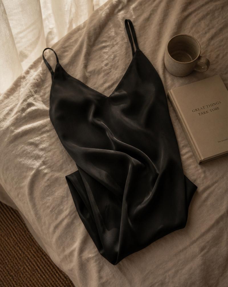 Zwart zijden slipdress op bed